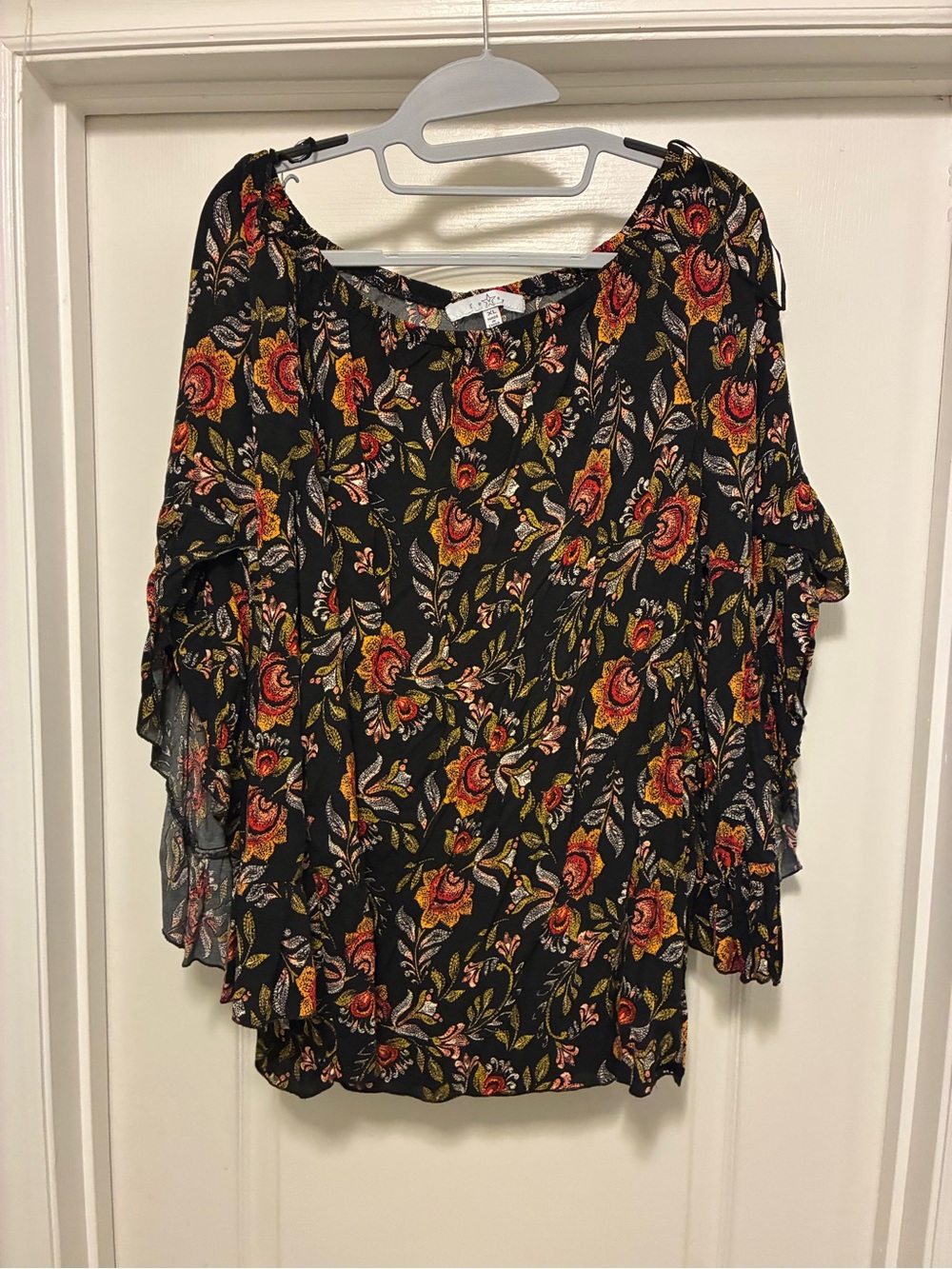 Fever Black Floral Cold-Shoulder Ruffle Blouse